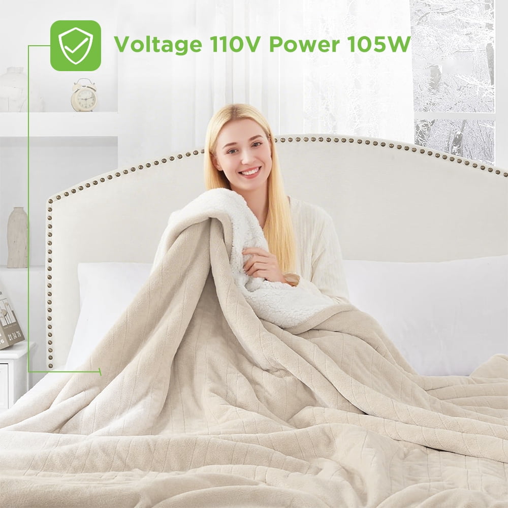 kibhous Electric Blanket Queen Size,Flannel and Shu velveteen Heated Blanket with 10 Heating Levels & 1-8 Hours Auto Shut Off, Machine Washable, Beige, 84" x 90"