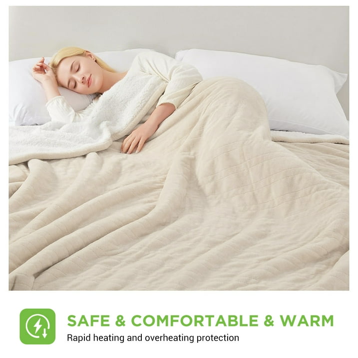 kibhous Electric Blanket King Size,Flannel and Shu velveteen Heated Blanket with 10 Heating Levels & 1-8 Hours Auto Shut Off, Machine Washable, Beige, 100" x 90"