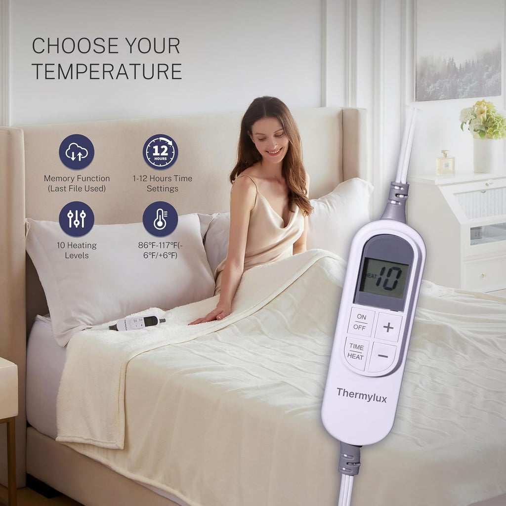 Electric Blanket Throw 50"x60" Heated Electric Blankets 10 Heating Levels 12 Time Settings 3 Hours Auto Off Fast Heating and Overheat Protection ETL Certified Machine Washable,Ivory