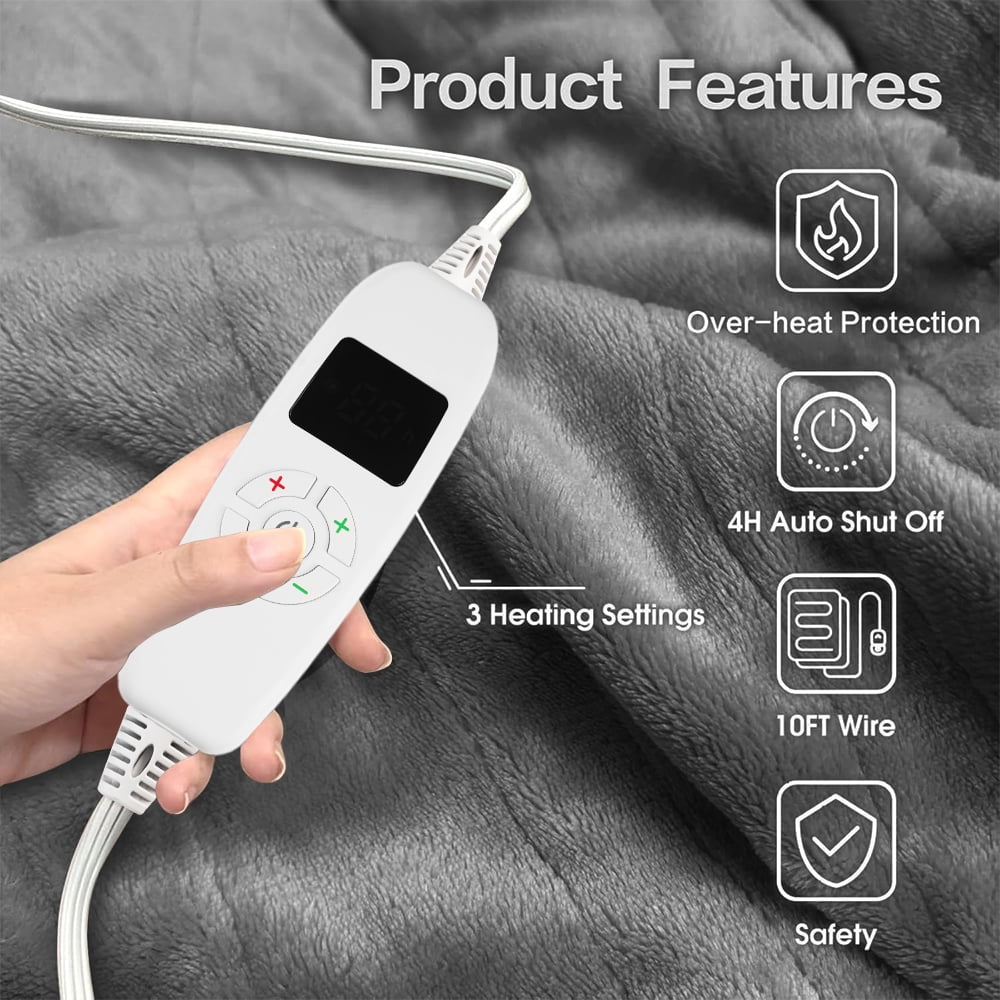 kibhous Electric Heated Throw Blanket 50''x60'' with 10 Heating Levels, Automatically Shut Down after 8h with Overheat Protection Machine Washable