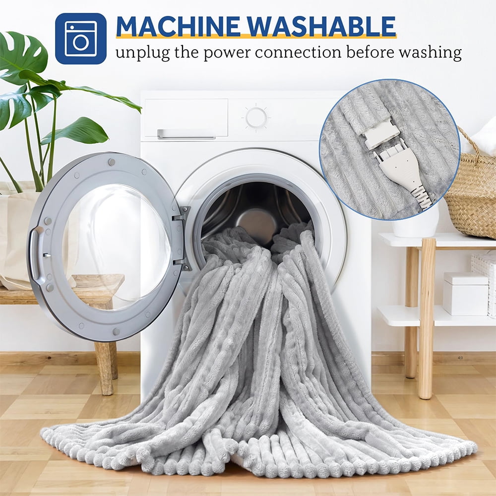 Heated Blanket Electric King Striped Flannel Blanket 90"x100" Electric Blanket with 6 Heat Settings 10 Hour Timer Auto Shut Off, Grey