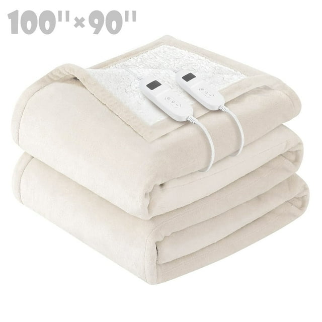 kibhous Electric Blanket King Size,Flannel and Shu velveteen Heated Blanket with 10 Heating Levels & 1-8 Hours Auto Shut Off, Machine Washable, Beige, 100" x 90"